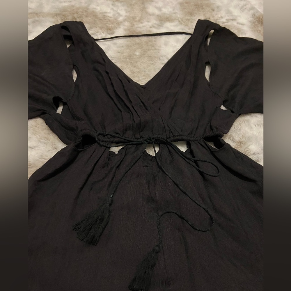 Black Women’s V-Neck Drawstring Romper Shorts - Picture 2 of 4